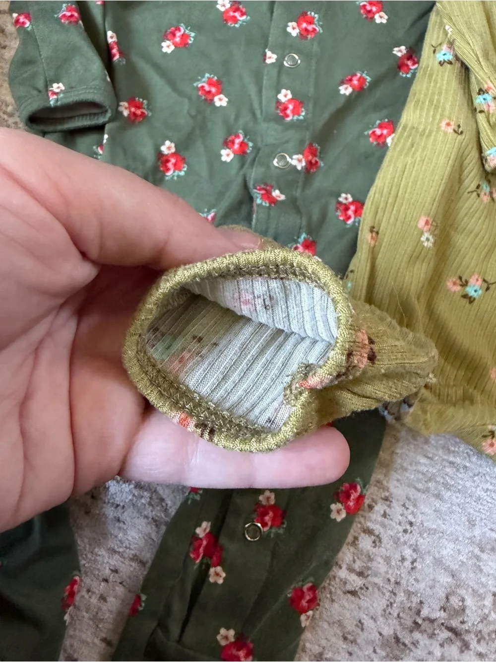 6-12 Months - Baby Goosebumps button onesies - green/olive floral patterns